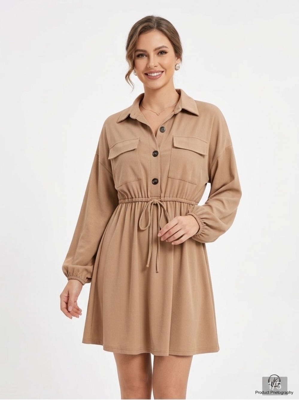 Tan Long Sleeve Dress Medium Empire Waist Collared Balloon Sleeve